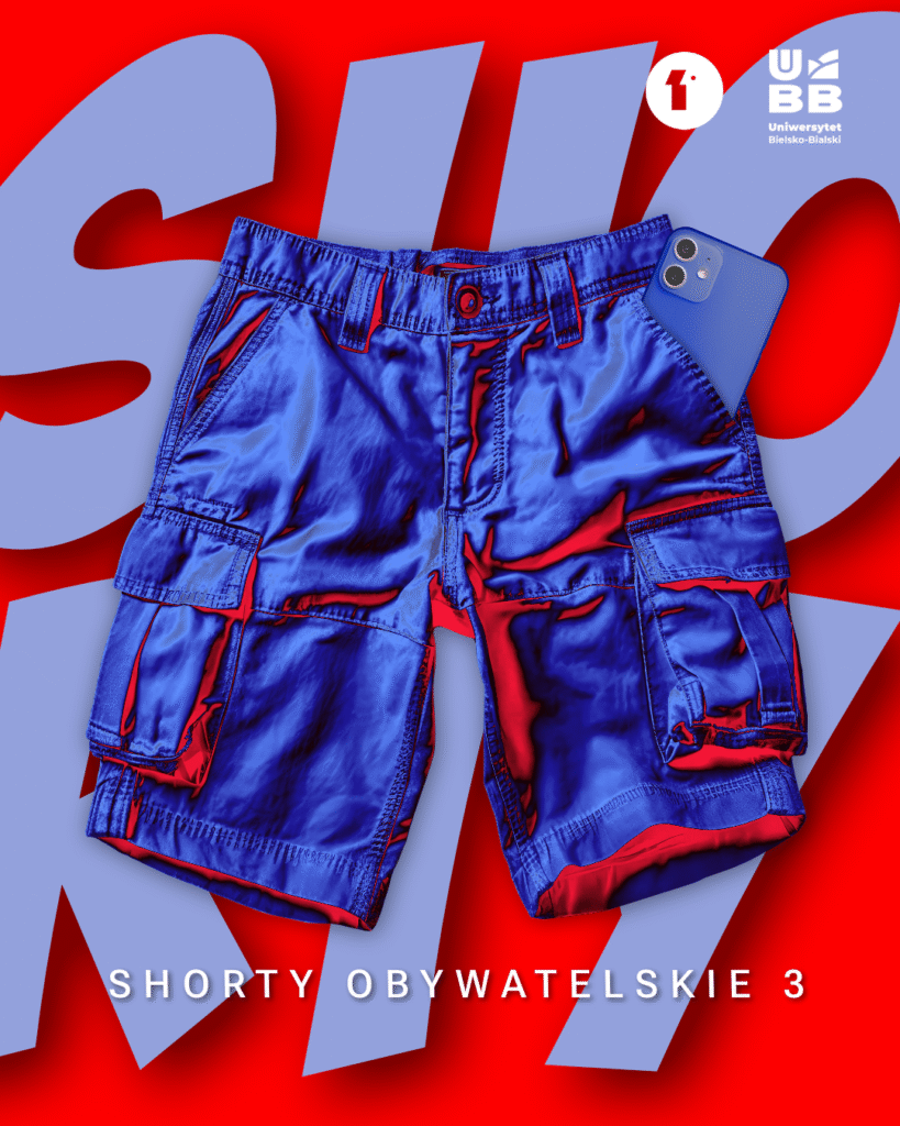 Grafika promująca projekt „Shorty Obywatelskie 3”. Na intensywnym czerwonym tle widoczne są niebieskie krótkie spodenki z kieszeniami typu cargo, z wystającym z jednej kieszeni niebieskim smartfonem. W tle duży, półprzezroczysty napis „SHORTY”. W prawym górnym rogu znajdują się logotypy Punktu 11 i Uniwersytetu Bielsko-Bialskiego