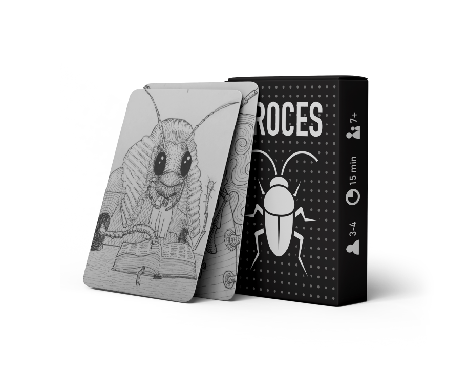 Zestaw kart do gry „PROCES” – autorskiej karcianki stworzonej w Punkcie 11 w Bielsku-Białej, w ramach programu Polska Stolica Kultury BB2026.Na grafice widać pudełko z logo gry i ilustracją karalucha oraz dwie karty z rysunkiem sędziego-karalucha siedzącego nad otwartą księgą.Gra została zaprojektowana i wydana przez Punkt 11 – placówkę Bielskiego Centrum Kultury im. Marii Koterbskiej – we współpracy z Fundacją Vertical Slice.