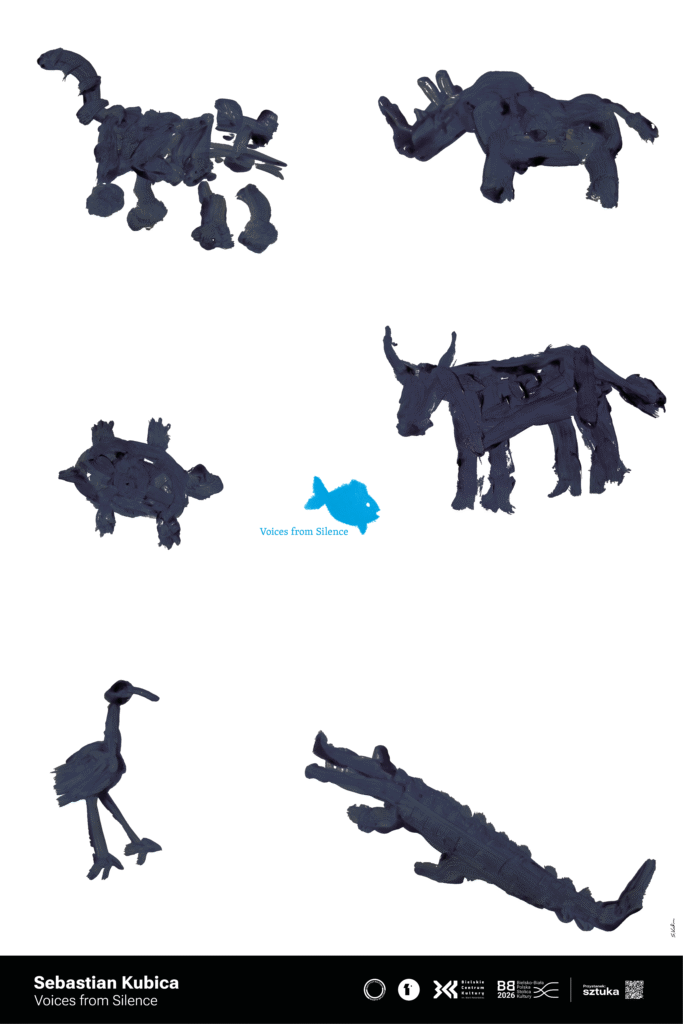 Na białym tle widoczne są ciemnoniebieskie, malarskie sylwetki zwierząt — kota, nosorożca, żółwia, byka, ptaka i krokodyla. Między nimi znajduje się mała, niebieska rybka z napisem „Voices from Silence”. Kompozycja przypomina dziecięce malowanki i mówi o cichych, często pomijanych głosach natury.