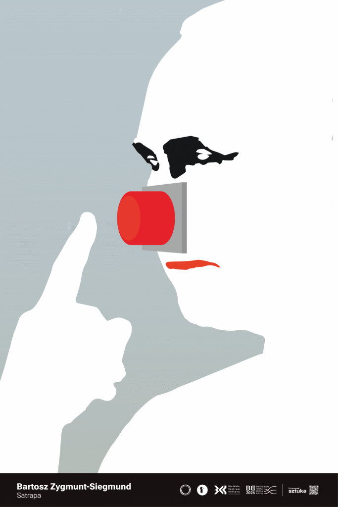 Na szarym tle widać stylizowaną, białą sylwetkę twarzy, której nos zastąpiono dużym czerwonym przyciskiem, a obok unosi się wskazujący palec. Plakat przedstawia władzę jako kogoś, kto wciska „przycisk decyzji” jak zbyt prosty mechanizm, komentując autorytarną, groźną łatwość podejmowania destrukcyjnych działań.