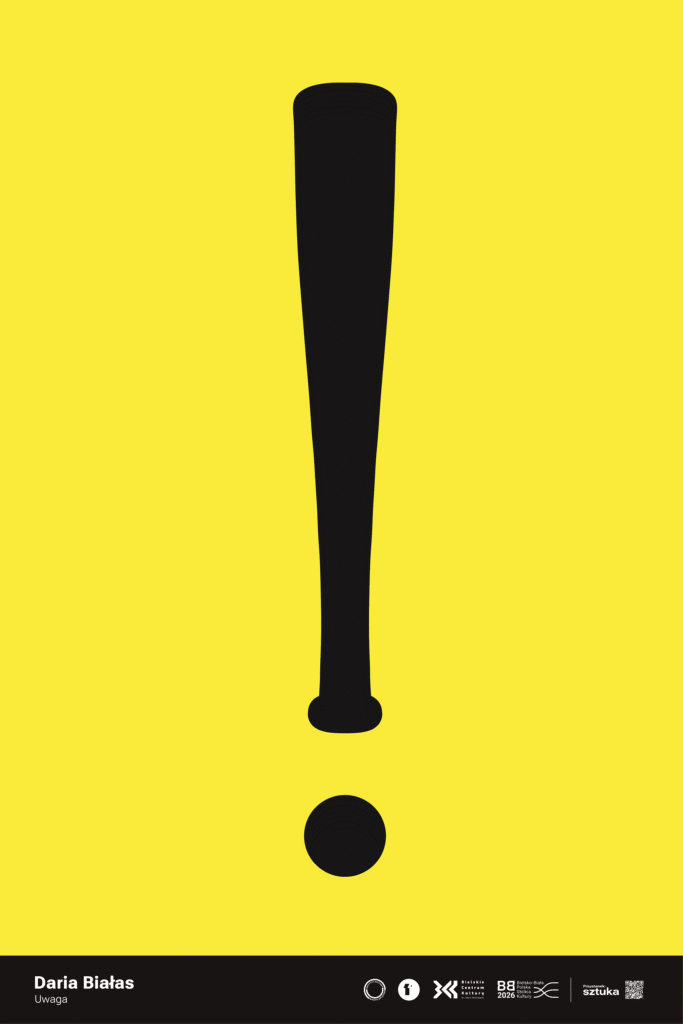 Czarny wykrzyknik zrobiony z kropki i kija baseballowego na jaskrawo żółtym tle.