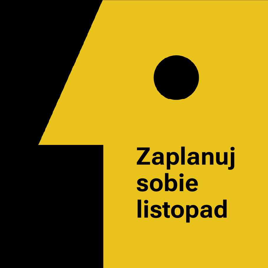 Grafika w kolorze żółtym z czarnym elementem w kształcie cyfry 1.