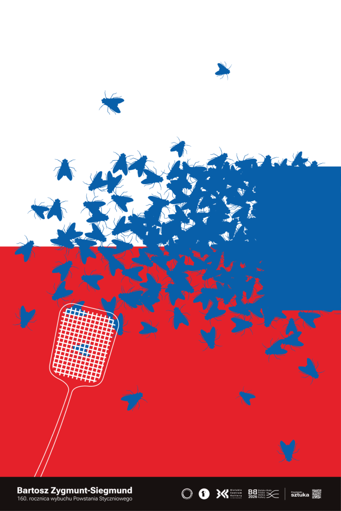 Kompozycja przypomina polską flagę, ale zamiast bieli i czerwieni pojawiają się roje niebieskich much, które rozsypują się po całej powierzchni, a w rogu leży biała packa na muchy. Plakat jest metaforycznym komentarzem do historii — o chaosie, niepokoju i próbach zaprowadzenia porządku.