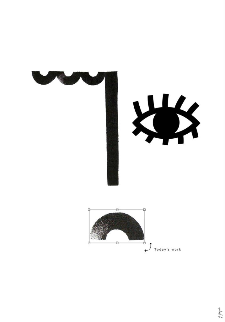 Plakat z czarnymi graficznymi elementami twarzy: linią przypominającą rzęsy, okiem z grubymi rzęsami oraz półkolistym kształtem w ramce. Obok napis „Today’s work”.