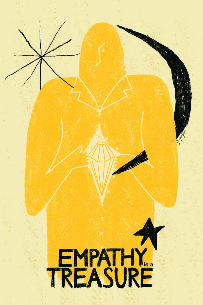 Plakat z żółtą postacią trzymającą w dłoniach jasny, geometryczny kryształ na wysokości klatki piersiowej. W tle czarne elementy graficzne, a na dole napis „Empathy is a treasure”.