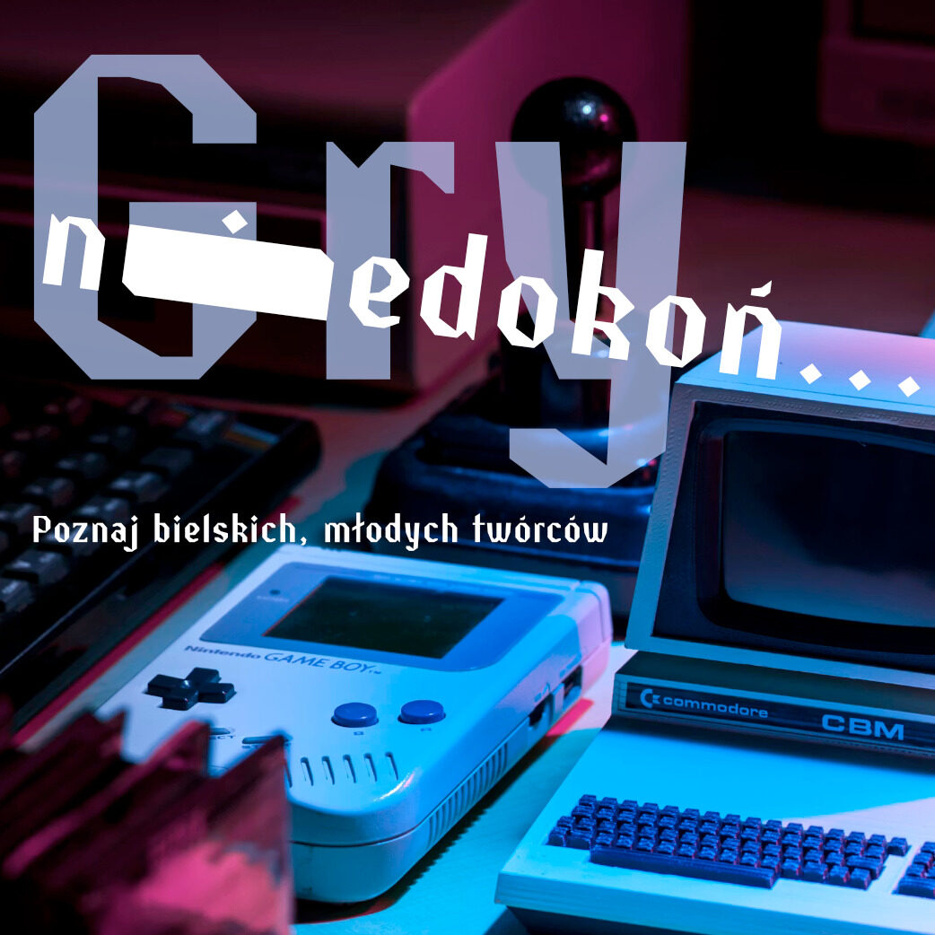 Plakat wydarzenia „Gry niedokón…” z retro sprzętem komputerowym i konsolami (Game Boy, Commodore), informacją: 29.12, godz. 16:00, Punkt 11