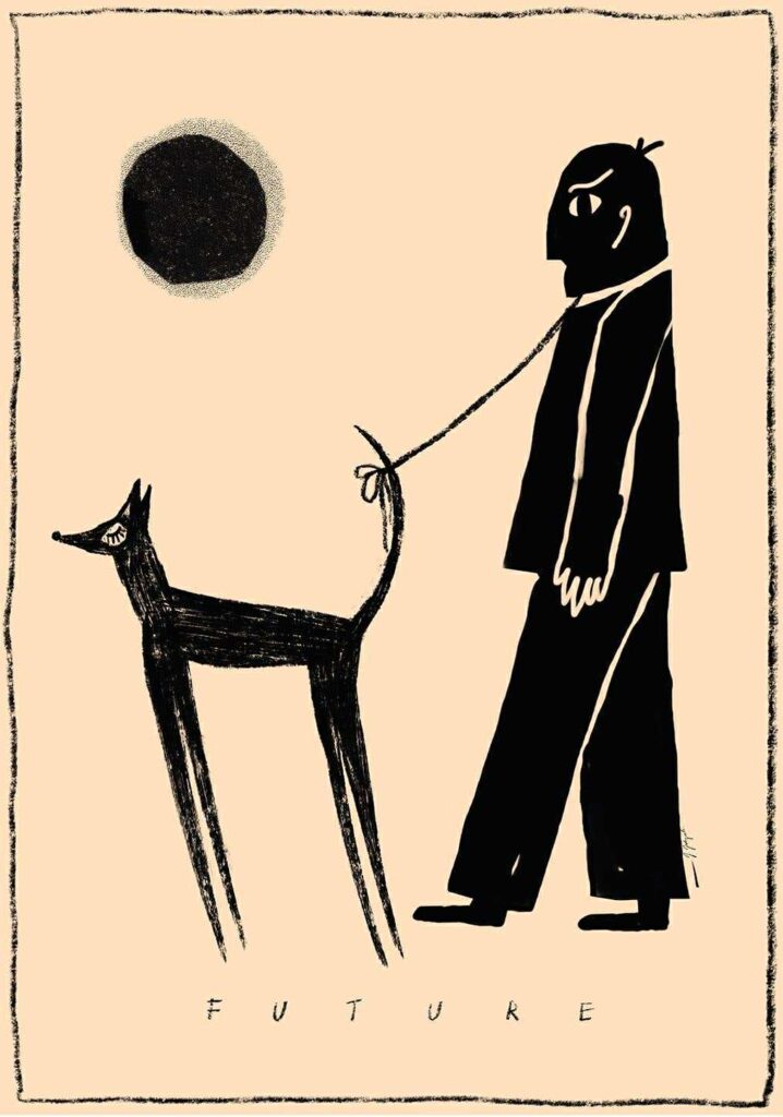 Plakat przedstawia czarną sylwetkę mężczyzny prowadzącego na smyczy cienkiego, wysokiego psa. W tle duże czarne koło przypominające słońce. Na dole napis „Future”.