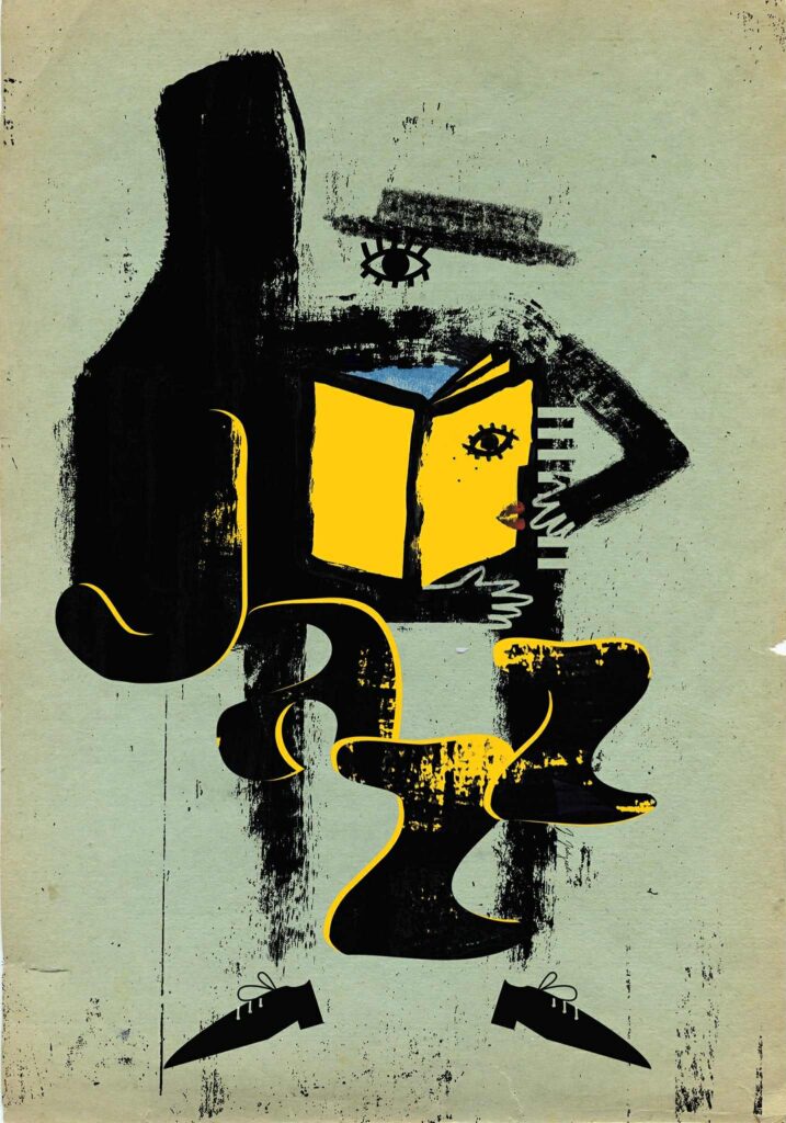 Ilustracja czarnej postaci o zdeformowanych, abstrakcyjnych kształtach, trzymającej żółtą otwartą książkę. W tle szare fakturowane tło. Napis JAZZ
