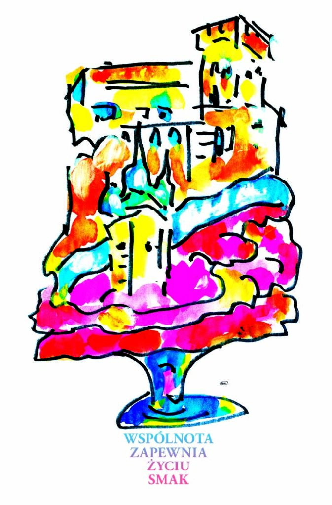 Kolorowa akwarelowa ilustracja przypominająca zamek lub miejską architekturę ustawioną na paterze. Pod obrazem tekst „Wspólnota zapewnia życiu smak”.