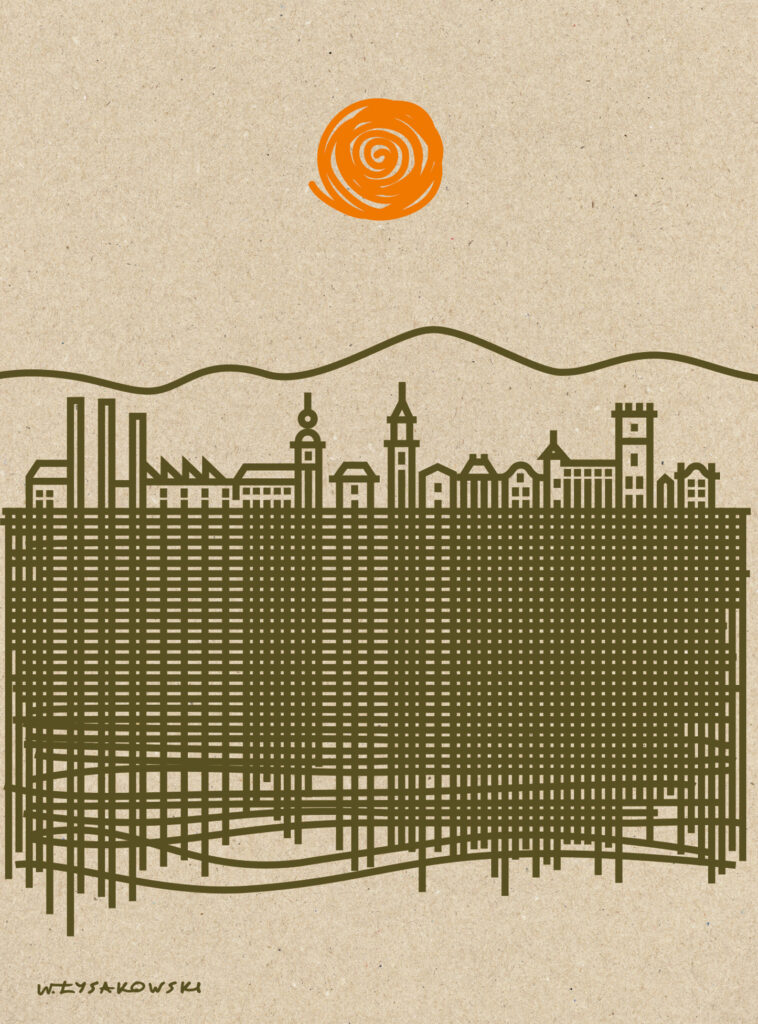 Plakat z uproszczoną, liniową panoramą miasta w kolorze oliwkowym, przesuniętą na prawą stronę kompozycji. Po lewej znajduje się pomarańczowe koło przypominające słońce.