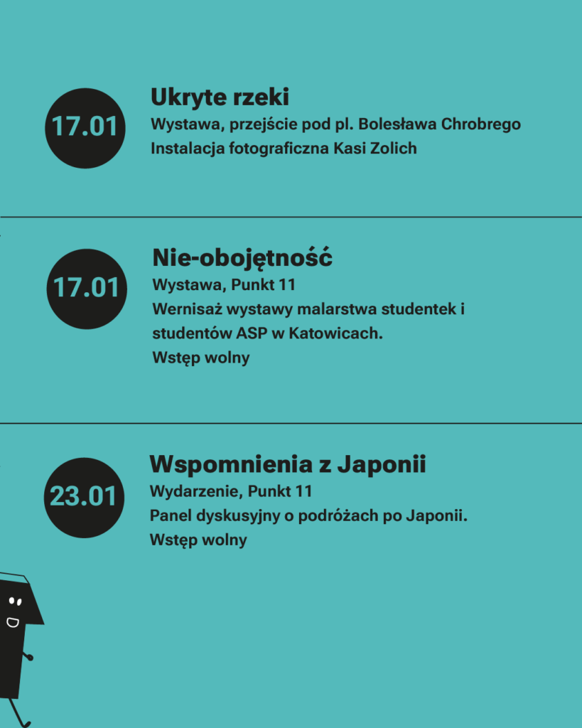 Harmonogram wydarzeń w styczniu: 17.01 „Ukryte rzeki”, 17.01 „Nie-obojętność”, 23.01 „Wspomnienia z Japonii”.
