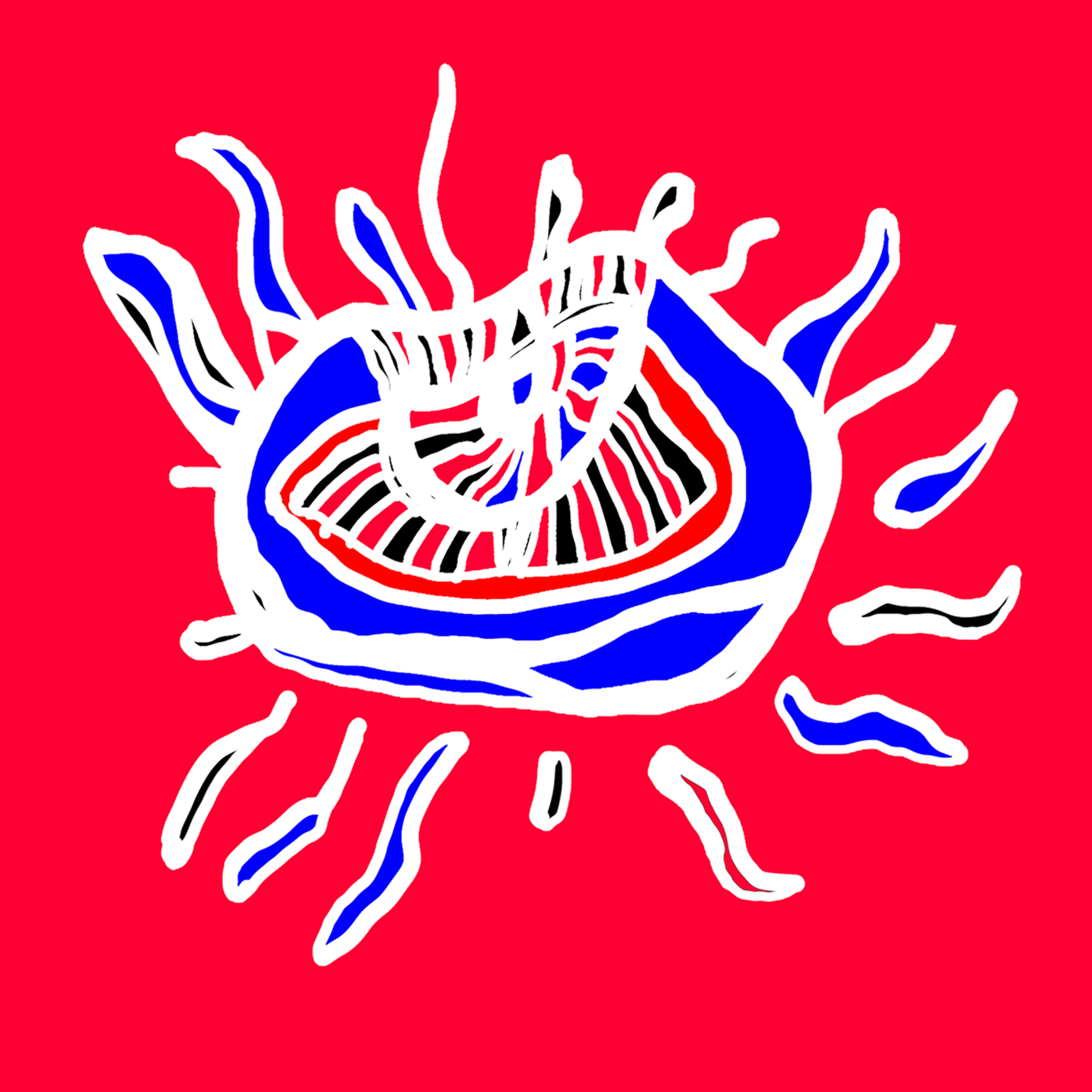 Ilustracja przedstawia uproszczone, niemal symboliczne oko. Centralna forma jest obwiedziona grubą białą linią, wypełniona intensywnym błękitem i rytmicznymi czarno-czerwonymi pasami przypominającymi źrenicę lub wir. Z oka wychodzą nieregularne, falujące linie, jakby impuls, światło lub dźwięk rozlewały się na zewnątrz. Kontrast między czerwonym tłem a chłodnym błękitem wzmacnia napięcie i wrażenie ruchu.